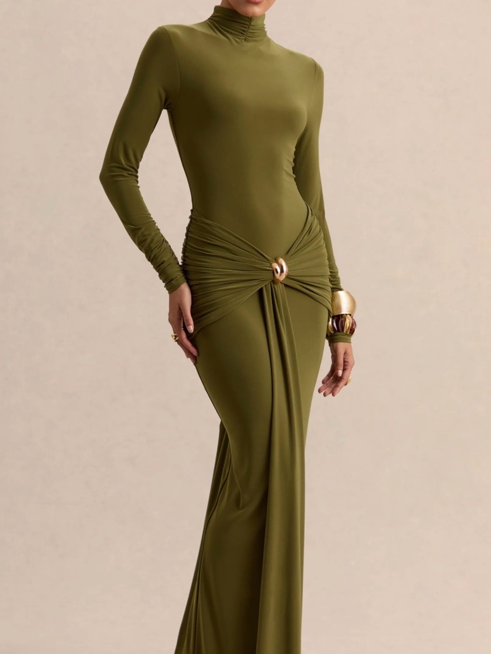 Club L London Olive Green Long Sleeve Knot-Detail Maxi Dress